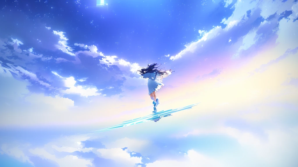 anime, A girl in a white dress floats in the water, Makoto Shinkai Cyril Rolland, anime girl walking on water, anime movie background, beautiful anime scene, today's featured anime still, anime film still, screenshot from the anime film, anime still film anime shikishi, star(null) starry_null