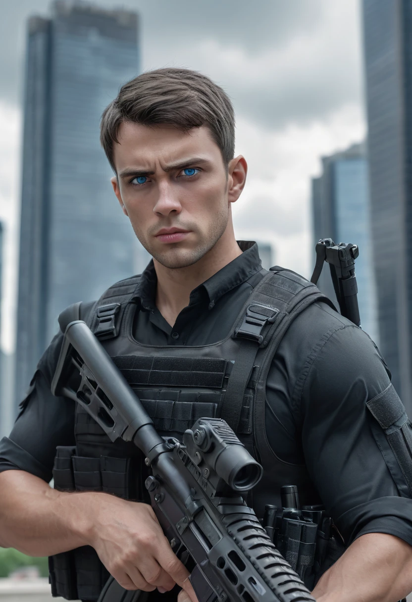a highly detailed portrait of a handsome young man with short dark hair, intense blue eyes, a strong jawline, and a focused, determined expression, wearing a black tactical vest and holding two assault rifles, standing in an urban environment with skyscrapers and a cloudy sky in the background, cinematic lighting, hyper-realistic, 8k, photorealistic, intricate details, dramatic composition, moody colors