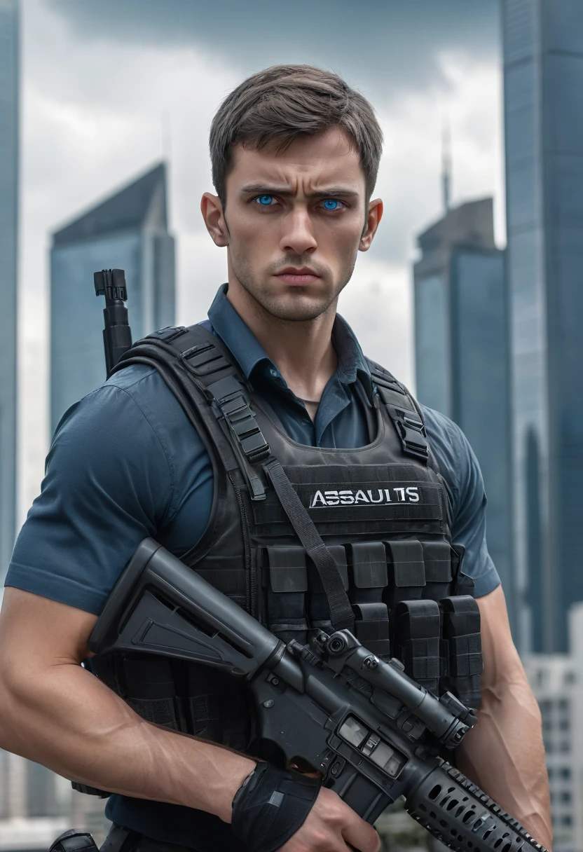 a highly detailed portrait of a handsome young man with short dark hair, intense blue eyes, a strong jawline, and a focused, determined expression, wearing a black tactical vest and holding two assault rifles, standing in an urban environment with skyscrapers and a cloudy sky in the background, cinematic lighting, hyper-realistic, 8k, photorealistic, intricate details, dramatic composition, moody colors