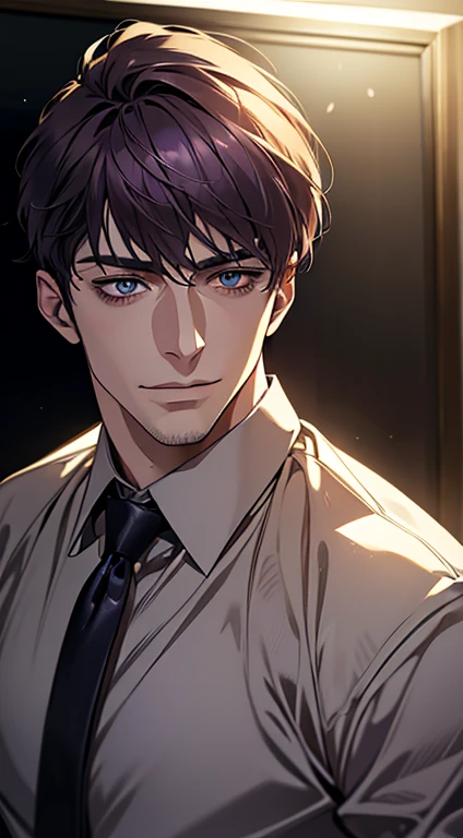 (best quality,4k,8k,highres,masterpiece:1.2),ultra-detailed,(realistic,photorealistic,photo-realistic:1.37),1 man,31 years old,mature man,very handsome,without expression,smile,short purple hair,blue eyes,penetrating gaze,perfect face without errors,imposing posture,businessman,office background,cinematic lighting,hdr image
