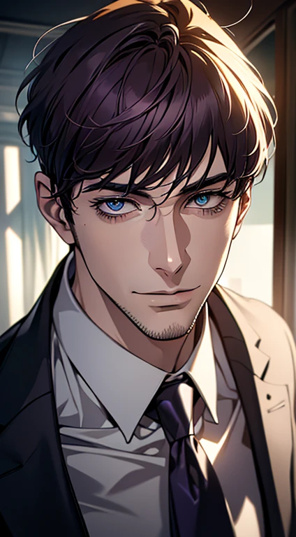 (best quality,4k,8k,highres,masterpiece:1.2),ultra-detailed,(realistic,photorealistic,photo-realistic:1.37),1 man,31 years old,mature man,very handsome,without expression,smile,short purple hair,blue eyes,penetrating gaze,perfect face without errors,imposing posture,businessman,office background,cinematic lighting,hdr image