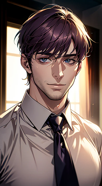 (best quality,4k,8k,highres,masterpiece:1.2),ultra-detailed,(realistic,photorealistic,photo-realistic:1.37),1 man,31 years old,mature man,very handsome,without expression,smile,short purple hair,blue eyes,penetrating gaze,perfect face without errors,imposing posture,businessman,office background,cinematic lighting,hdr image