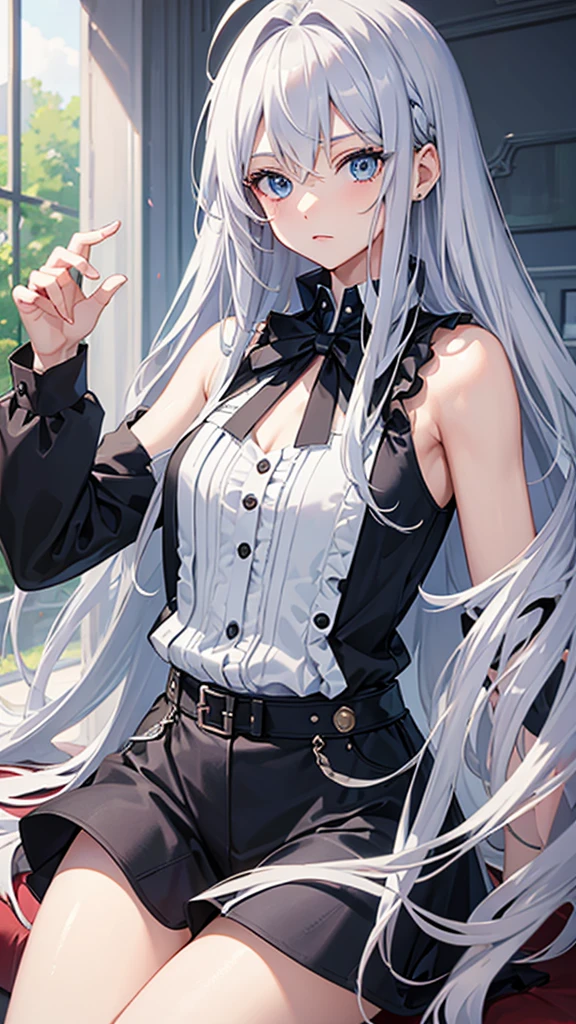 masterpiece, highest quality, High resolution，Anime Style、Silver Hair、Long Hair、blue eyes、Cafe、Baggy sleeveless top、Unbutton three buttons