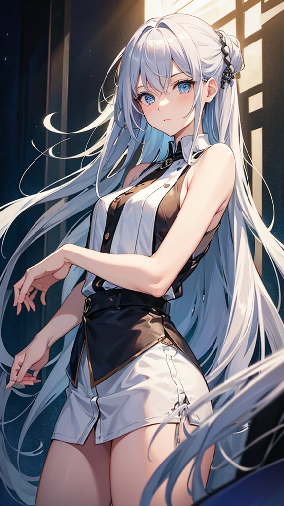 masterpiece, highest quality, High resolution,Anime Style、Silver Hair、Long Hair、blue eyes、Cafe、Baggy sleeveless top、Unbutton three buttons