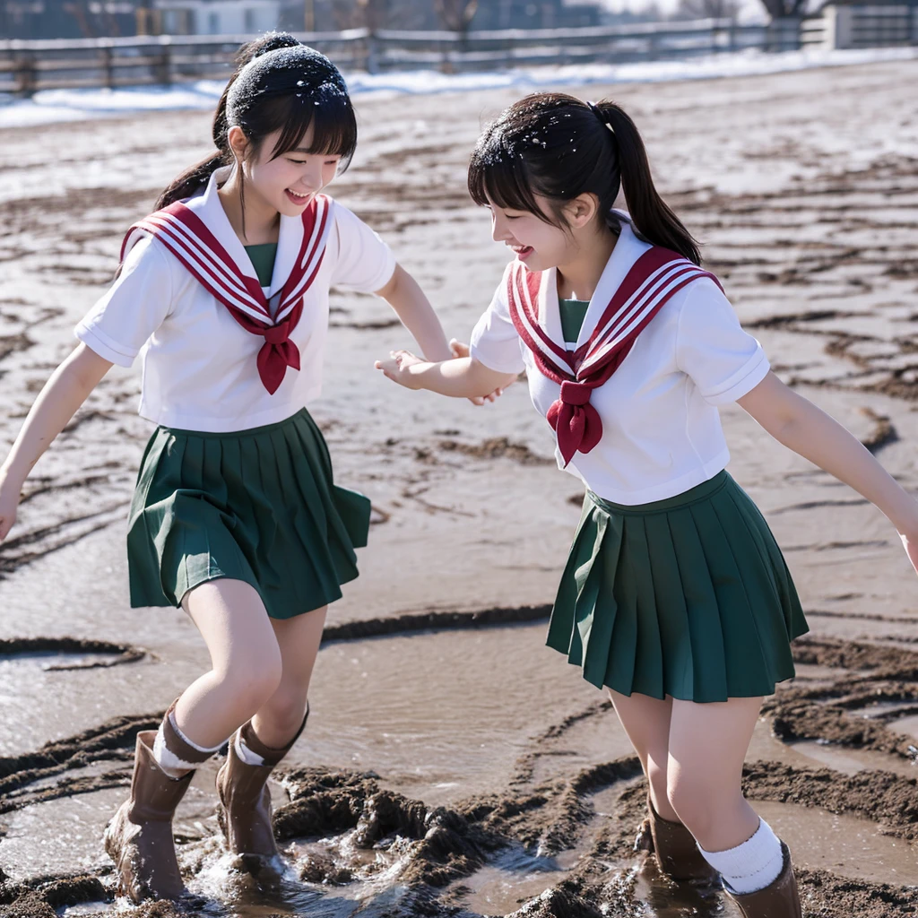 snow。Two girls around 22 years old playing vigorously in the mud。She wears a short-sleeved sailor suit and pleated skirt uniform.。Height about 140cm。looks fun。I&#39;m buried up to my chest and can&#39;t move。