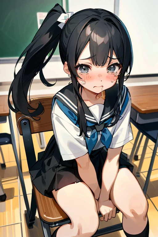 (Highest quality, masterpiece:1.2), Super detailed, 1人のgirl, Long Hair, Black Hair、Side Ponytail、girl , mini skirt,  avert your eyes, Sit on a chair、Spread your legs, Embarrassing, Blushing, Are crying, Mouth closed, classroom (おしっこを漏らすgirl)