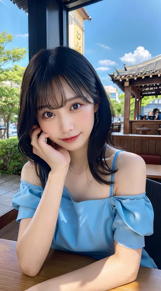 Tabletop, Best quality質, Very detailed, In detail, High resolution, In 8K, Perfect dynamic composition, Beautiful attention to detail, Natural Lip, delicate、Black off-the-shoulder top、Ezvian Everywhere 、plump 、beauty 、Beautiful black hair、Medium Straight Hair、delicateな目、delicateな目元、Best quality、restaurant、blue sky、Recall