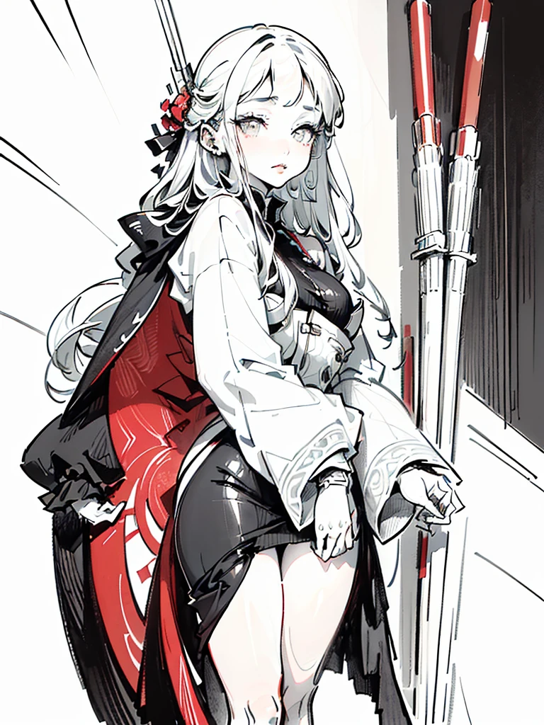 (((Pencil Art:1.2、line drawing、Black and white art:1.2)))、(lips are red:1.5)、Black and white world、silence、none、An ennui look、Precise、master piece:1.5, above the knee shot