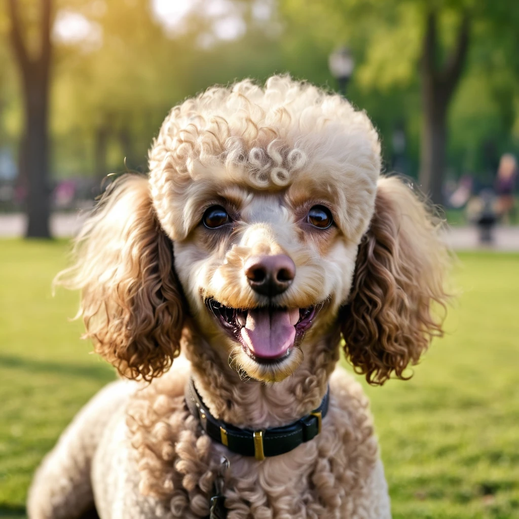 masterpiece, ultra realistic, UHD, 4k, a picture of a happy poodle face, in a park. sharp focus, blurred background