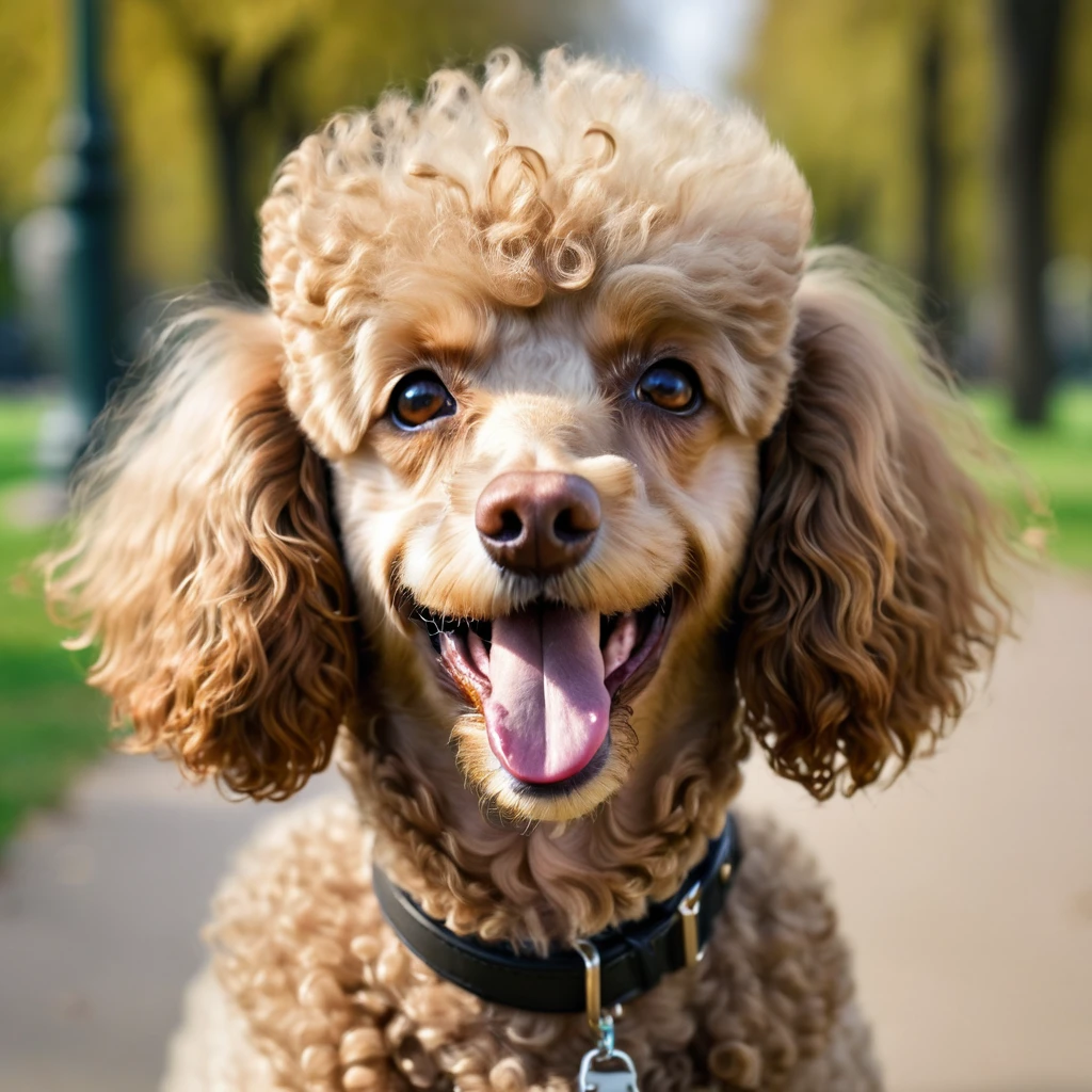 masterpiece, ultra realistic, UHD, 4k, a picture of a happy poodle face, in a park. sharp focus, blurred background