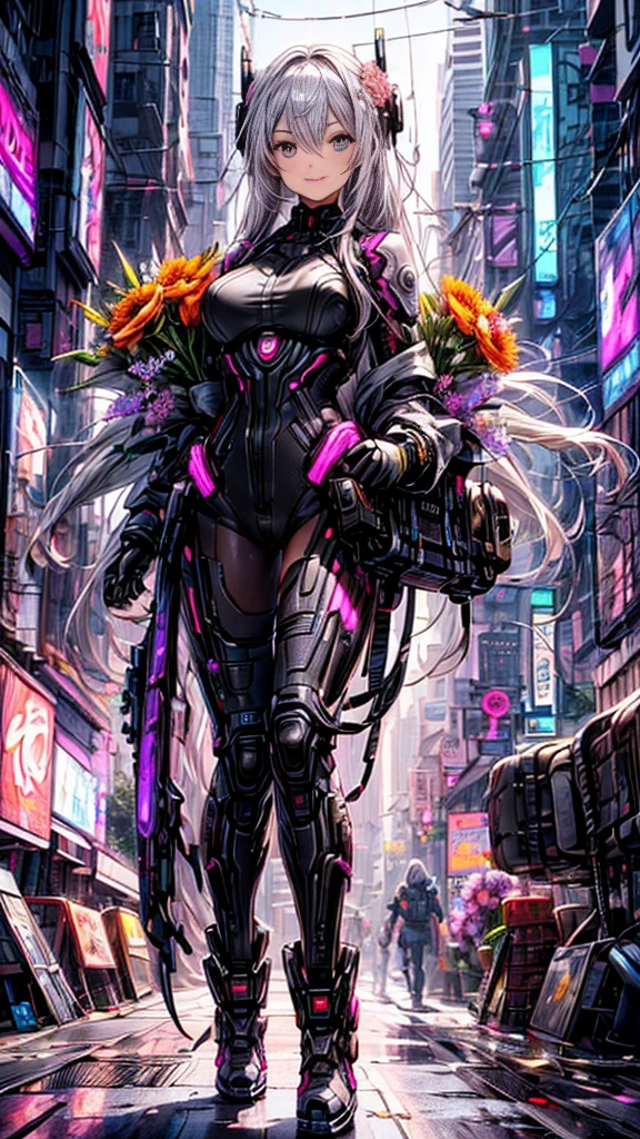 4k、best image quality，excellent details，hyper quality skin、ultra high resolution，（fidelity：1.4），best illustrations，focus on details，(official art, beautiful and aesthetic:1.2), 
1 girl, (long silver hair、bangs are black:1.2), wavy hair, smile, (sexy cyberpunk android costume:1.2)、Android from the neck down、I will give you a bouquet of flowers、Pick up various bouquets、
(I will give you a bouquet of flowers:1.6), (fancy futuristic background:1.1),