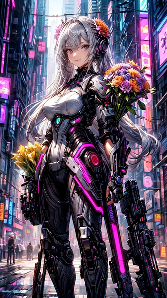 4k、best image quality,excellent details,hyper quality skin、ultra high resolution,(fidelity:1.4),best illustrations,focus on details,(official art, beautiful and aesthetic:1.2),
1 girl, (long silver hair、bangs are black:1.2), wavy hair, smile, (sexy cyberpunk android costume:1.2)、Android from the neck down、I will give you a bouquet of flowers、Pick up various bouquets、
(I will give you a bouquet of flowers:1.6), (fancy futuristic background:1.1),