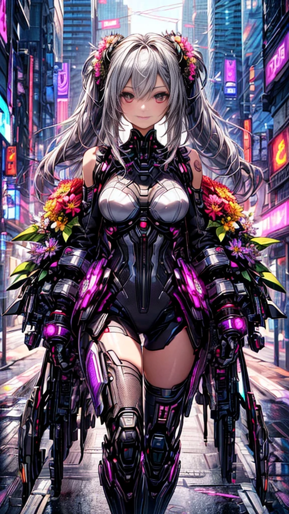4k、best image quality,excellent details,hyper quality skin、ultra high resolution,(fidelity:1.4),best illustrations,focus on details,(official art, beautiful and aesthetic:1.2),
1 girl, (long silver hair、bangs are black:1.2), wavy hair, smile, (sexy cyberpunk android costume:1.2)、Android from the neck down、I will give you a bouquet of flowers、Pick up various bouquets、
(I will give you a bouquet of flowers:1.6), (fancy futuristic background:1.1),