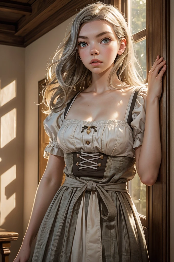 1girl, (Anya Taylor-Joy:1.2), realistic, photorealistic, graphic novel, impossible clothes, thick lips, full lips, big lips, (surprised:1.2), (shocked:1.2), [blonde hair|silver hair], two-tone hair, shiny hair, sunbeam, god-rays, bursting breasts, ambient light, rim-light, rimlighting, backlighting, realistic, (photorealistic:1.1), (lineart:0.8) irndl, a woman in traditional bavarian dress Standing poses for a picture , german woman, wearing a dirndl, Anya-Taylor-Joy
