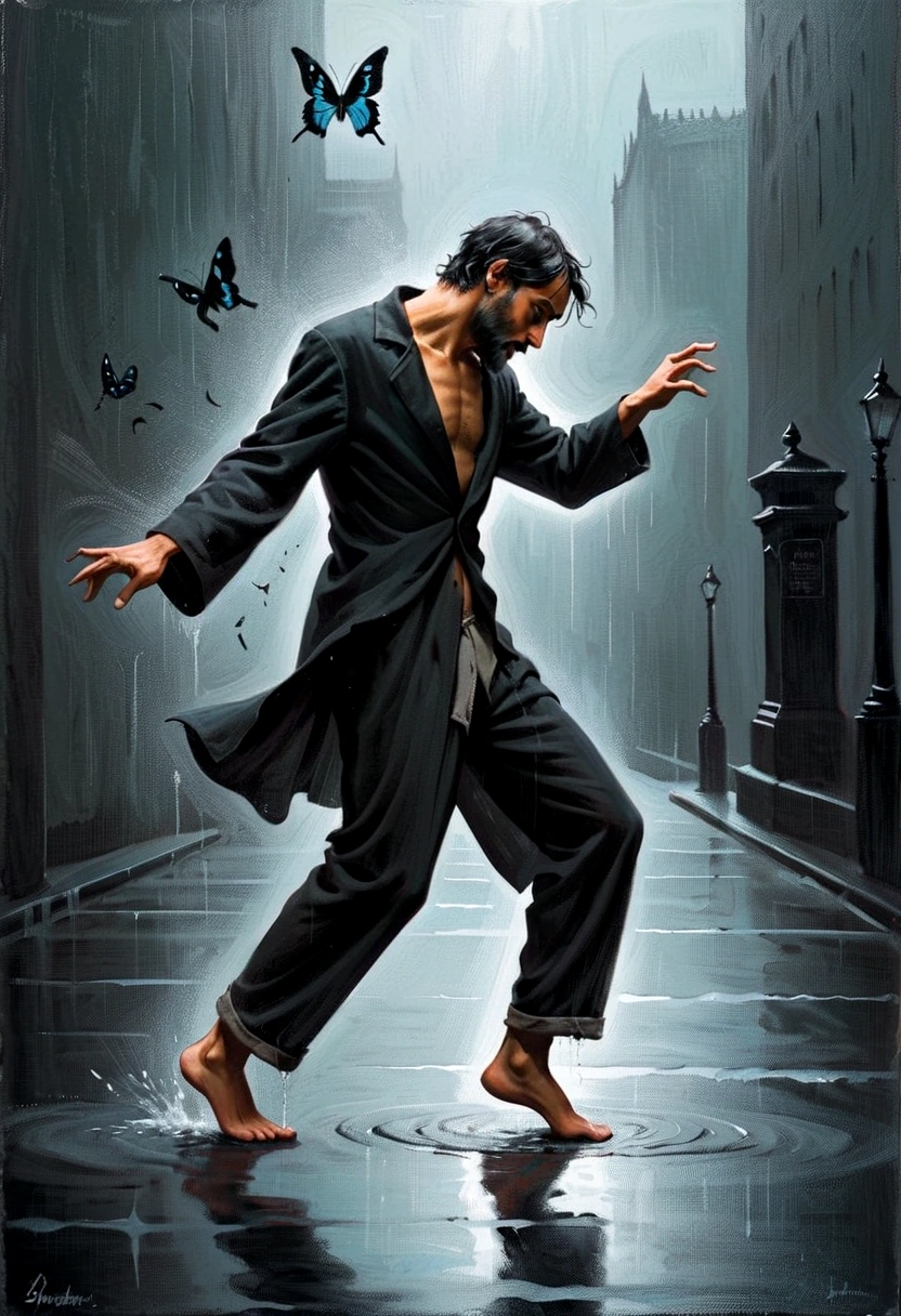 Gothic Art：A homeless man dancing alone in the rain， souls，Standing barefoot on a tombstone，Abdominal muscles，Loose and worn clothes，Professional ballet movements，Butterflies chasing fingertips，Very contagious，Splash，Light and Shadow，Minimalism，artistic conception，Clean background