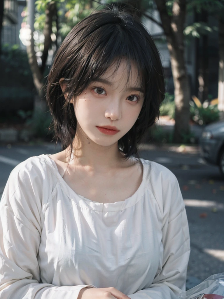 (Skin details:1.4), (smooth skin textures:1.3), Lipstick, background, earrings, Serene, calm, (Realistic and detailed eyes:1.2), (Large Breasts:1.3),Natural skin texture, Realistic facial details, Soft dramatic lighting, Vivid details, 35 mm film, outdoor, (Photo Practical:1.4), (hyper Practical:1.4), (Practical:1.3), (Smoother lighting:1.05), (Improve lighting quality:0.9), (Highest quality real skin textures:1.4), Exquisite eyes, Delicate face, Close-up of face, (Enhance the beauty of skin texture:1.1), Hair details, Model,normal body ratio, short hair, Moles under the eyes, Park background,Portrait Photography, Depth of Field, bokeh, Surrealism, Ray Tracing, (Portrait Photography:1.1), Surrealism, High Detail, clair obscur, Ray Tracing, reflected light, ultra HD, ultra HD, masterpiece, Textured Skin, Super Detail, High Detail, high quality, best quality