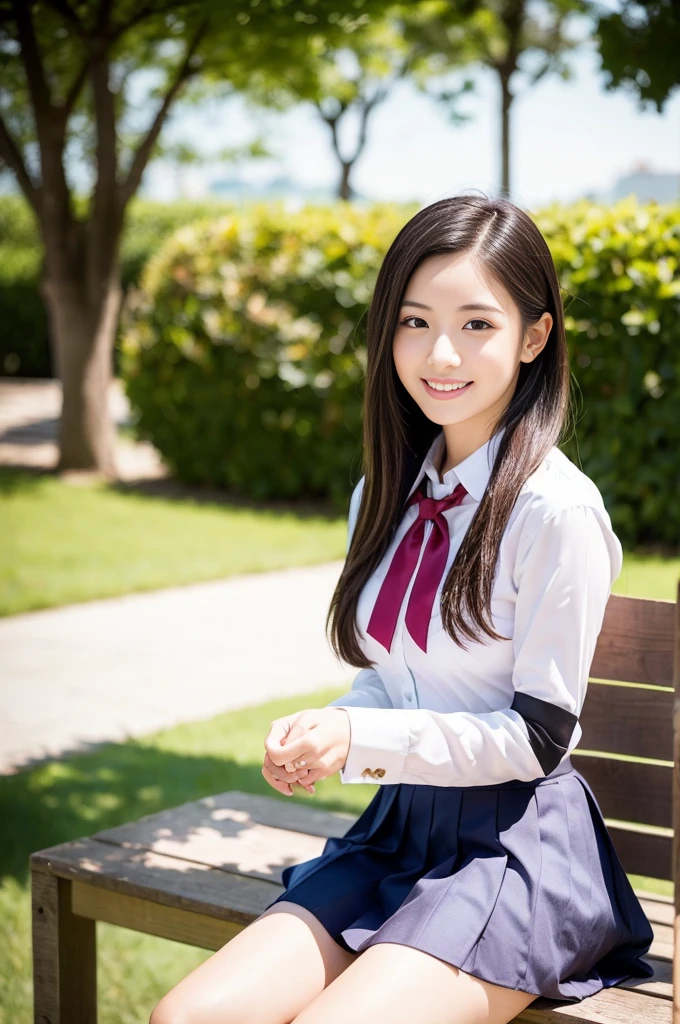 Pure Japanese school girl, wearing uniforms and blouse and skirt, natural makeup, natural hair styles, sweet smile, sexual attractive, sitting and relaxing, professional portrait photography, dazzling summer sunlight, 