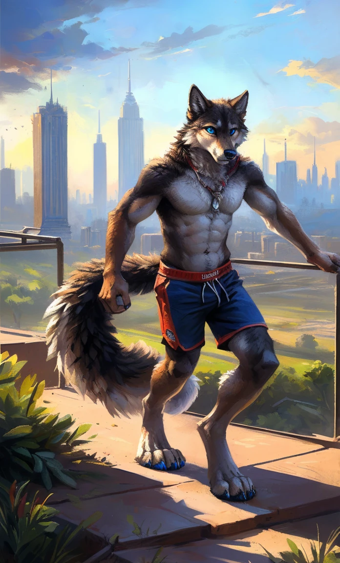 ((Solo)), male people, anthro wolf, (Multi-colored fur, White-brown:1.3,White tail pointed), (Height 2.1m,Tail length 1.2m), ((Wolf face, Big eyes, White eyelids, Blue pupil, Slim:1.2) (Tough, Calm expression:1.2)), Abs, Slim, pinging)), (Correct anatomy), (Work shorts:1.1), The upper body naked, (detailed outfits),A long big tail,Feet,(Realistic fur, Detailed fur texture, labeled:1.3)), (Natural lighting), Photorealistic, Hyperrealistic, ultradetailed, by Kenket,Modern city,erect through,Running on