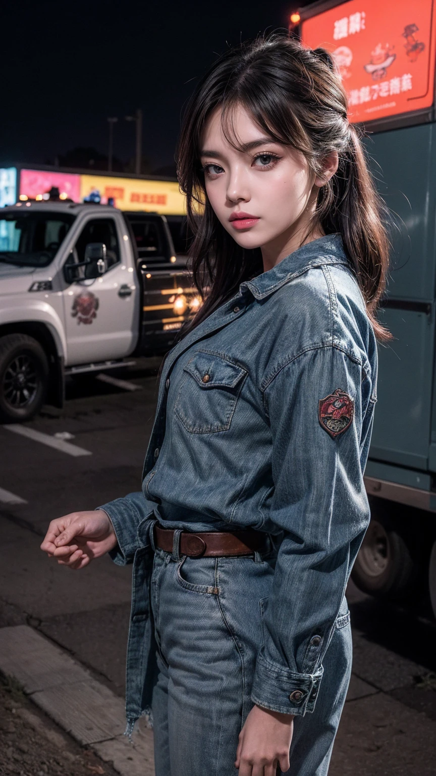 (masterpiece), (best quality), (Extremely detailed), sakura Zombies, 1 Girl, Zombies, Blue skin, Cowboy shooting, outdoor, (truck:1.3), night