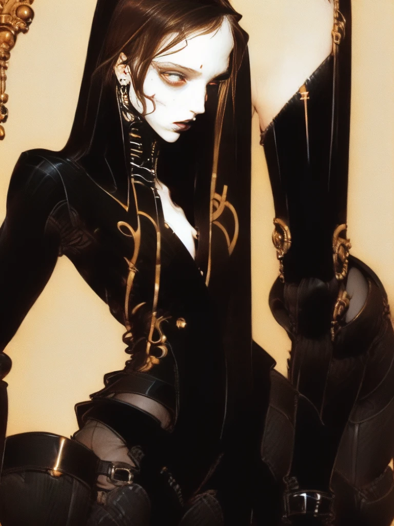 Woman alone, European woman, 8k, absurd res, ((wide eyes: 1.4)), flawless face, (crisp black deco style formal business clothing), 1woman, solo, full body image, 8k, masterpiece, highly detailed, (detailed golden eyes), expressive detailed eyes, pale skin, ((symmetrical eyes)), detailed pupils, realistic skin, some freckles, realistic skin texture, ((small chest: 1.3)), analog style, (chin length hair), ((dark hair: 1.5)), deco cyberpunk setting, entire head and body image, ((her entire head and body must be in view)), perfect anatomy, anatomically correct, ((pale skin)), ((wearing flat boots: 1.3)), ((black pants))