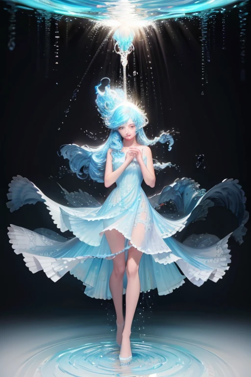 (masterpiece, best quality, high quality, highres, ultra-detailed), 1girl,solo,light_blue_hair,liquid hair, long hair,floating hair, full body, standing,sundress, liquid clothes,water dress, best quality, 8k, detailed skin texture, beautiful detailed face, intricate details, ultra detailed,dancing, skirt_tail,