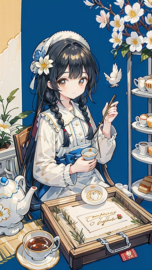 (masterpiece),(top quality),(very detailed),(high resolution),(With 8K animation),(Really detailed face),(beautiful and delicate eyes),(anatomically correct),(keep your head small),1 woman,holding a cat,black hair,twin braids,(round big eyes),blunt bangs,[Lavender eyes:(golden eyes):0.55],smile softly,(flower garden),soft sunlight,afternoon tea,teapot,Teacup and cake on the table,하얀 페르시안 holding a cat