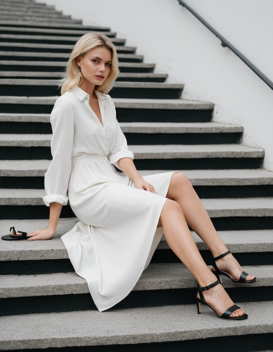 blond woman in white shirt and black sandals sitting on steps, a photo by Emma Andijewska, tumblr, minimalism, blonde woman, magdalena radziej, alana fletcher, in white clothes, viktoria gavrilenko, wearing heels and white dress, angelina stroganova, yelena belova, blonde goddess, anastasia ovchinnikova