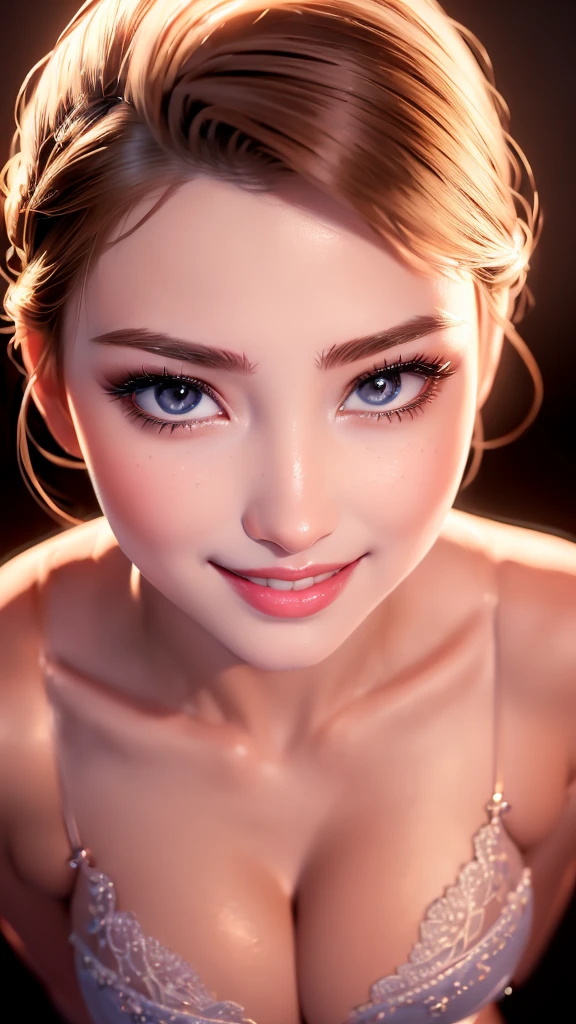 (masterpiece, best quality:1.4), (future days),  (full body), (from above:1.2), (1girl), solo, (european youth:1), 1girl, short hair, headband navel, red lingerie, brown eyes solo, breasts, looking at viewer, sexy smile, brown hair,   huge breasts, elsa, girlhyperrealistic, high detailed skin, dslr, soft lighting, high quality, highly detailed face, highly detailed skin, skin pores, subsurface scattering, realistic pupils, medium breast, full face blush, full lips, detailed background, depth of field, volumetric lighting, sharp focus, absurdres, realistic proportions, good anatomy, (realistic, hyperrealistic:1.4), 16k hdr,