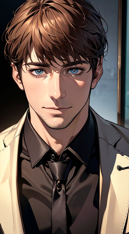 (best quality,4k,8k,highres,masterpiece:1.2),ultra-detailed,(realistic,photorealistic,photo-realistic:1.37),1 man,31 years old,mature man,very handsome,without expression,smile,short grey brown hair,blue eyes,penetrating gaze,perfect face without errors,imposing posture,businessman,office background,cinematic lighting,hdr image