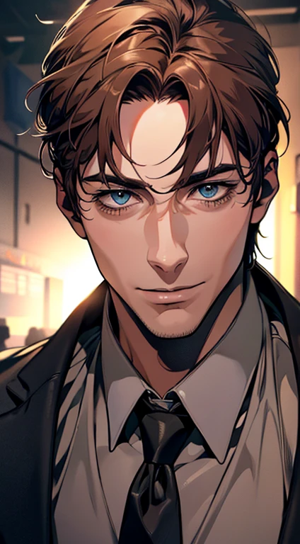 (best quality,4k,8k,highres,masterpiece:1.2),ultra-detailed,(realistic,photorealistic,photo-realistic:1.37),1 man,31 years old,mature man,very handsome,without expression,smile,short grey brown hair,blue eyes,penetrating gaze,perfect face without errors,imposing posture,businessman,office background,cinematic lighting,hdr image