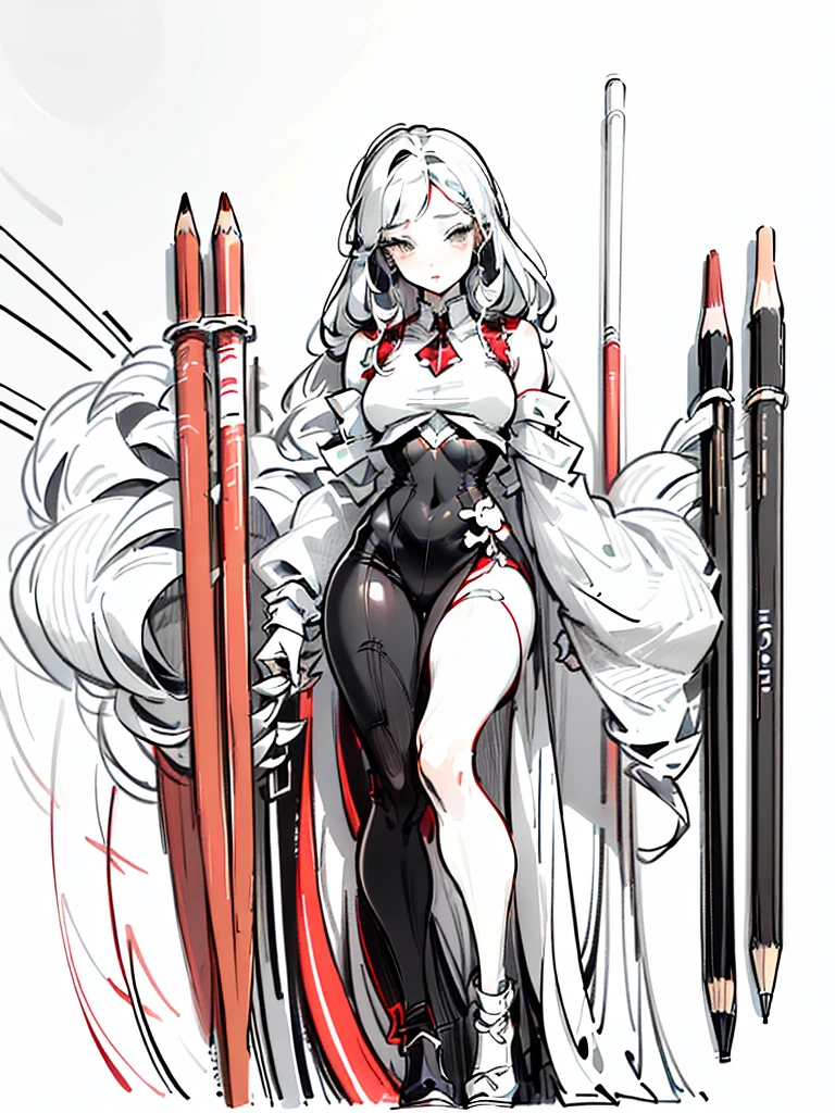 (((Pencil Art:1.2、line drawing、Black and white art:1.2)))、(lips are red:1.5)、Black and white world、silence、none、An ennui look、Precise、master piece:1.5, above the knee shot