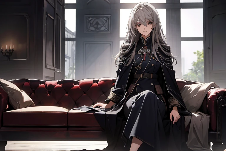 (Confused, High resolution, Very detailed), 1 female, Silver Hair,Long Hair,Reddish brown eyes,Blue and black military uniform,24th generation,beauty,mature,thin,quiet,Calm,sofa,A small smile,Long cloak,