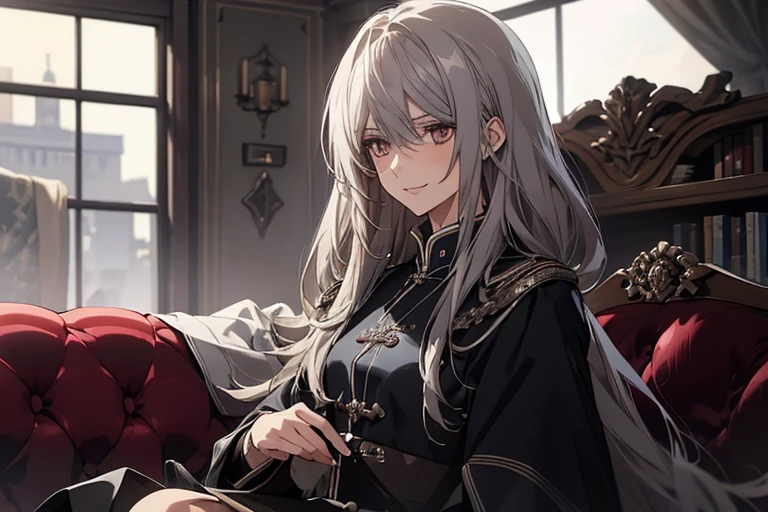(Confused, High resolution, Very detailed), 1 female, Silver Hair,Long Hair,Reddish brown eyes,Blue and black military uniform,24th generation,beauty,mature,thin,quiet,Calm,sofa,A small smile,Long cloak,