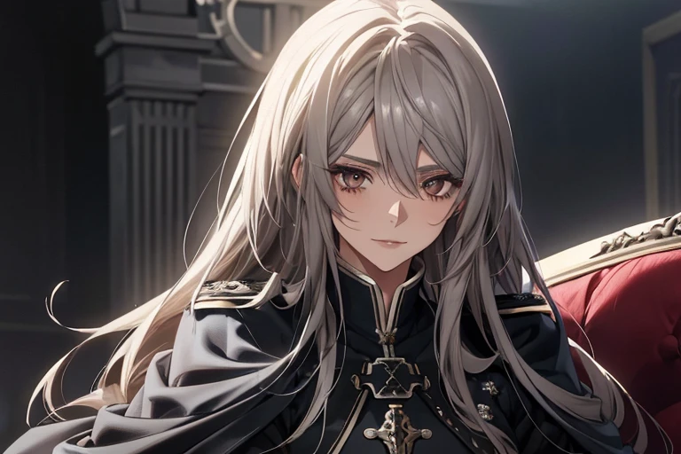 (Confused, High resolution, Very detailed), 1 female, Silver Hair,Long Hair,Reddish brown eyes,Blue and black military uniform,24th generation,beauty,mature,thin,quiet,Calm,sofa,A small smile,Long cloak,