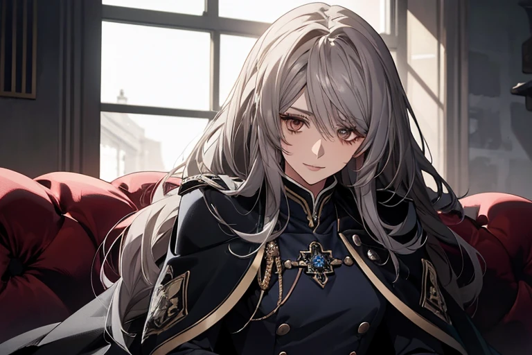 (Confused, High resolution, Very detailed), 1 female, Silver Hair,Long Hair,Reddish brown eyes,Blue and black military uniform,24th generation,beauty,mature,thin,quiet,Calm,sofa,A small smile,Long cloak,