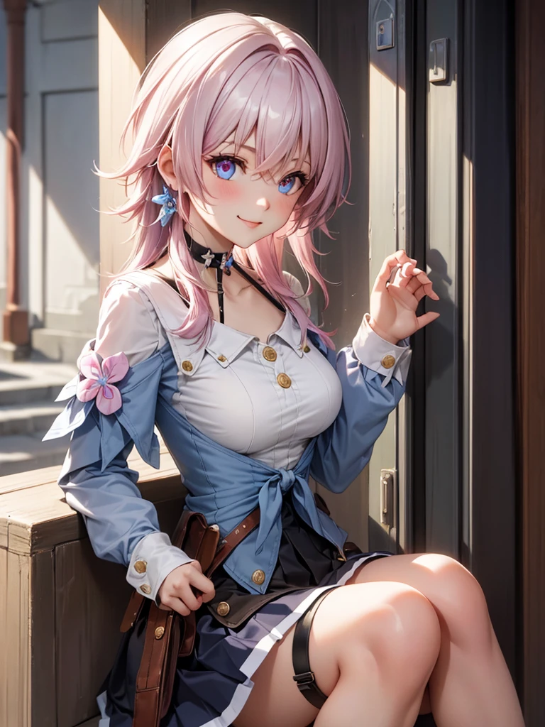 (masterpiece), best quality, expressive eyes, perfect face, 1 girl, solo, march seventh, blue eyes, hair between eyes, medium hair, pink eyes, pink hair, two-tone eyes, ankle boots, archery shooting glove, badge, bare legs, black choker, black corset, black footwear, black gloves, blue jacket, blue skirt, boots, button badge, buttons, choker, collarbone, corset, earrings, flower ornament, gloves, high heel boots, high heels, jacket, jewelry, long sleeves, miniskirt, partially fingerless gloves, pleated skirt, shirt, single earring, single glove, skirt, thigh strap, tied jacket, underbust, white shirt, smiling, city, background, futuristic city, sitting on the ground, knees up, upper body, portrait, looking at the viewer, camel toe, โชว์ กางเกงใน สีขาว,
