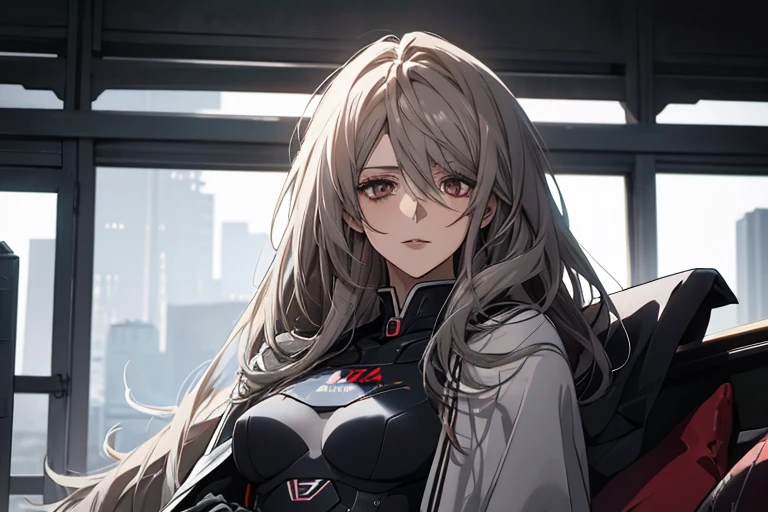 (Confused, High resolution, Very detailed), 1 female, Silver Hair,Long Hair,Reddish brown eyes,Blue and black pilot suit,24th generation,beauty,mature,thin,quiet,Calm,sofa,,Looks happy,White long cloak,