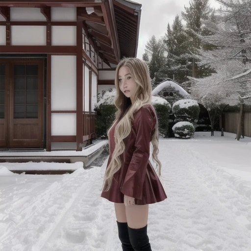 RAW Photos, 16 year old Japanese girl, Blonde Balayage, Long Hair, Medium sized breasts, Hourglass-shaped body, Realistic, masterpiece, Highest quality,Best Shadow,  , Photorealism, Hyperrealism, Only one girl, Wearing a rose costume, fire, snow