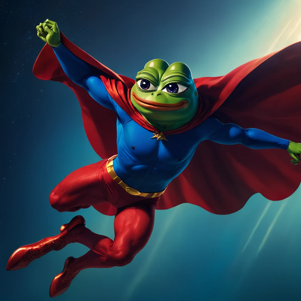 detailed portrait of Pepe the frog,frog humanoid superhero,muscular body,flying,cape,superhero costume,red and blue color scheme,dynamic pose,cinematic lighting,high quality,photorealistic,intricate details,vibrant colors,dramatic shadows,epic scale