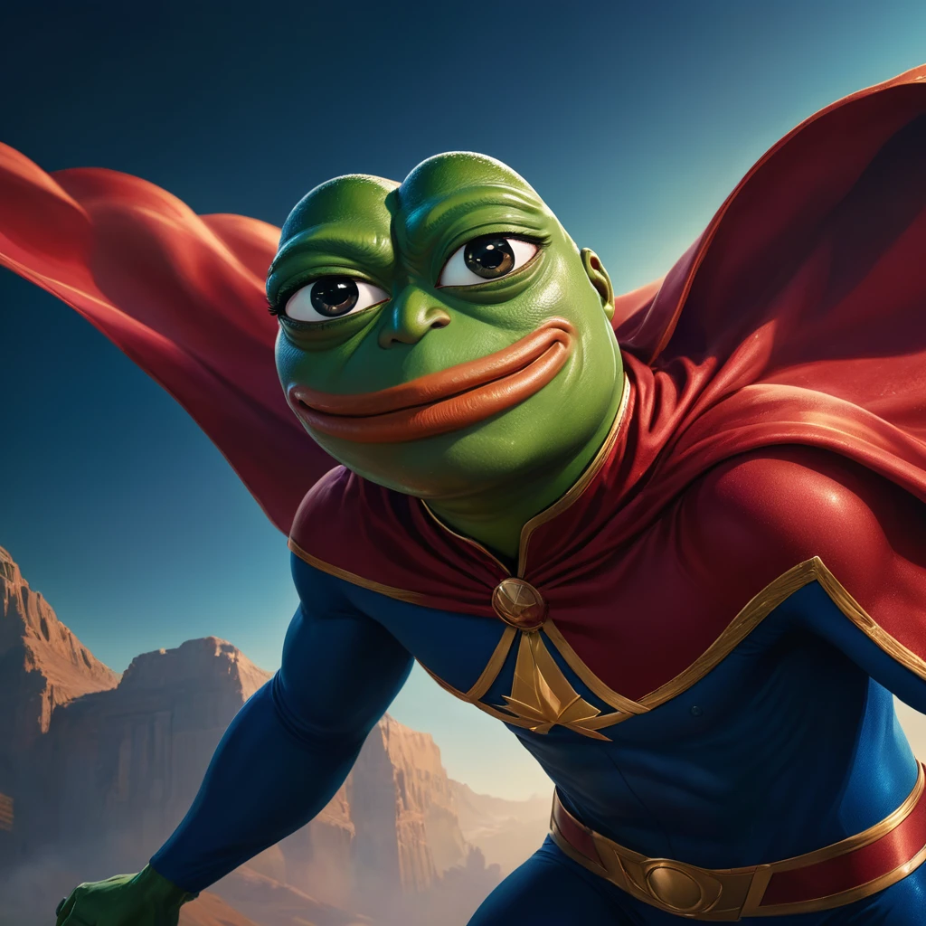 detailed portrait of Pepe the frog,frog humanoid superhero,muscular body,flying,cape,superhero costume,red and blue color scheme,dynamic pose,cinematic lighting,high quality,photorealistic,intricate details,vibrant colors,dramatic shadows,epic scale