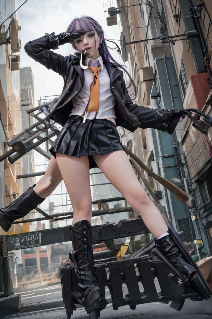 photo realistic, masterpiece, realistic, high contrast, hyper detailed, best quality, ultra high res, photo realistic, high resolution, detailed, raw photo, kirigiri kyoko, Long hair, Purple hair, Side braid, Blunt bangs, Hair Ribbon, a black ribbon, High collar, Brown tie, black leather motorcycle jacket, Long sleeves, Black leather Gloves, Black mini skirt, Pleated skirt, Black long boots, Full Shot, Danganronpa \(Series\), Street, Full Shot, Looking at Viewer, White shirt, woman, (((from below))), busy city, foreshortening, (seductive pose), looking at viewer, mad, (eye contact), japanese girl,