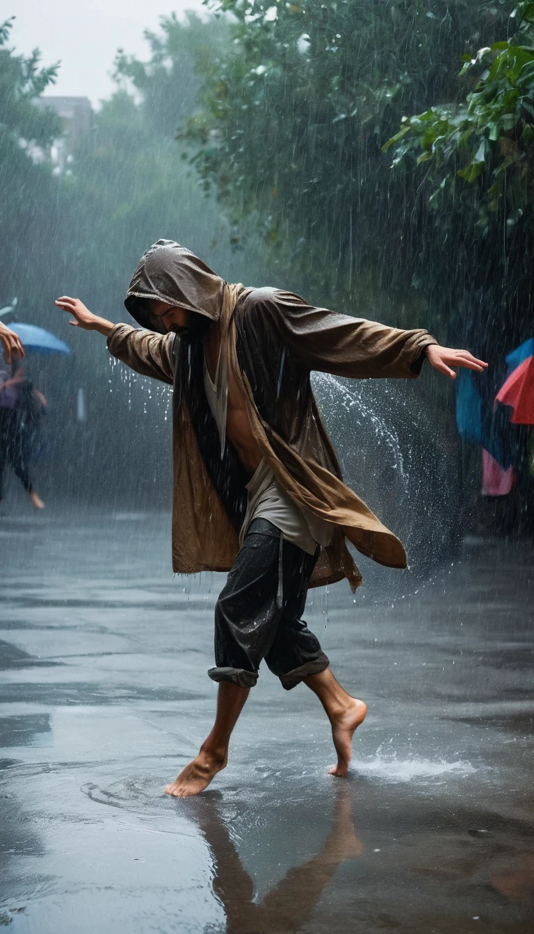 Soul Dancer Mark,A homeless man dancing alone in the rain，Interesting soul，Barefoot，Loose and worn clothes，Professional ballet movements，Very contagious，Splash，Light and Shadow，Minimalism，artistic conception，Clean background