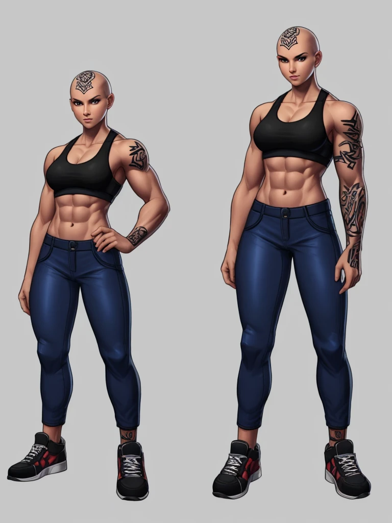 ((best quality)), ((4k)), ((highres)), ((masterpiece:1.2)). ((detailed)), ((ultra realistic)), ((intricate details)), ((full body picture)), ((character design sheet)), ((blank background)), ((standing in a blank background)), a full body shot of a bald female, bald woman, muscular woman, muscular arms, mucular legs, about 5'8 tall, about 25 years old, tattoos, dressed in a sports bra and blue jeans pants, midriff, six pack abs, sneakers, female gang member, character concept art, fighting game concept art, king of fighters character concept art, shaved head, head tattoos ((head tattoos))