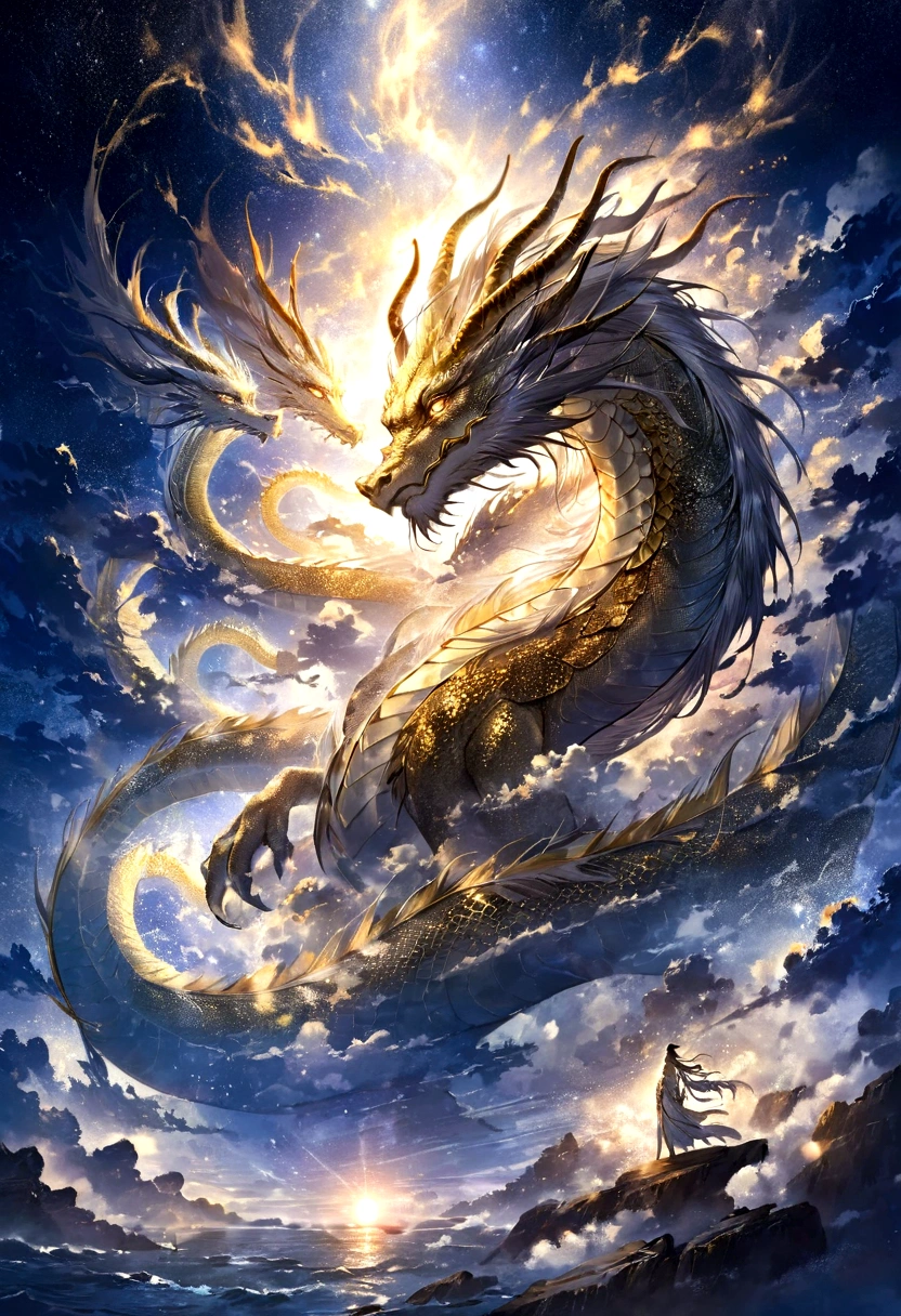Silver dragon god, gentle gaze, fantastic background, moonlight background, sea of clouds background, golden splashes, mysterious, divine light, mythical creature, traditional Chinese dragon, myth, speckled light, hazy haze, mysterious aura, masterpiece, fantastic, elegant dragon, good fortune, fantasy art