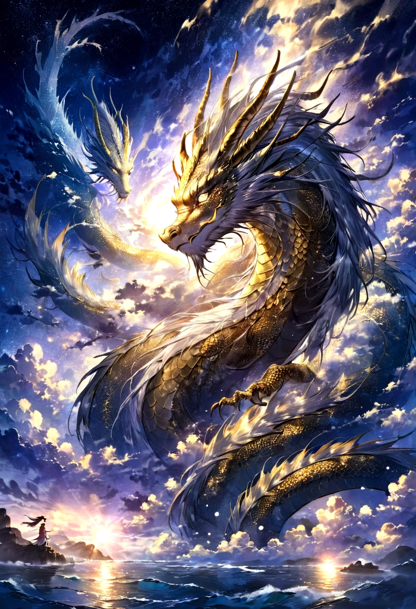 Silver dragon god, gentle gaze, fantastic background, moonlight background, sea of ​​clouds background, golden splashes, mysterious, divine light, mythical creature, traditional Chinese dragon, myth, speckled light, hazy haze, mysterious aura, masterpiece, fantastic, elegant dragon, good fortune, fantasy art