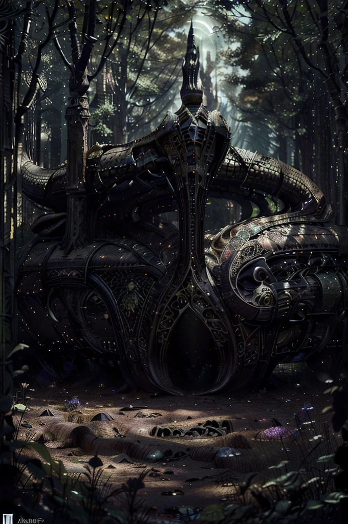 A sinuously slithering serpent, blending in the eerie forest backdrop, its ominous black and green scales glistening under the lunar glow. Amongst the purple flowers, the snake's intricate patterns stand out, adding a touch of mystery to the scene. This captivating image, likely a detailed painting, exudes a sense of both danger and natural beauty. The artist's skill is evident in the rich colors and attention to detail, making it a truly mesmerizing and high-quality piece of art.