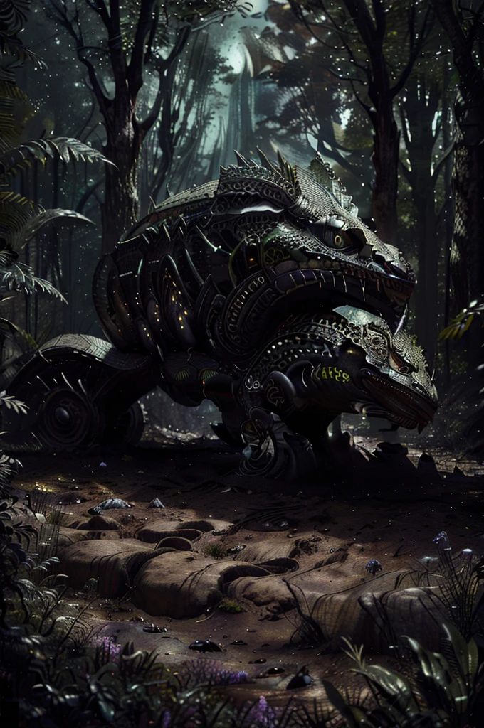 A sinuously slithering serpent, blending in the eerie forest backdrop, its ominous black and green scales glistening under the lunar glow. Amongst the purple flowers, the snake's intricate patterns stand out, adding a touch of mystery to the scene. This captivating image, likely a detailed painting, exudes a sense of both danger and natural beauty. The artist's skill is evident in the rich colors and attention to detail, making it a truly mesmerizing and high-quality piece of art.