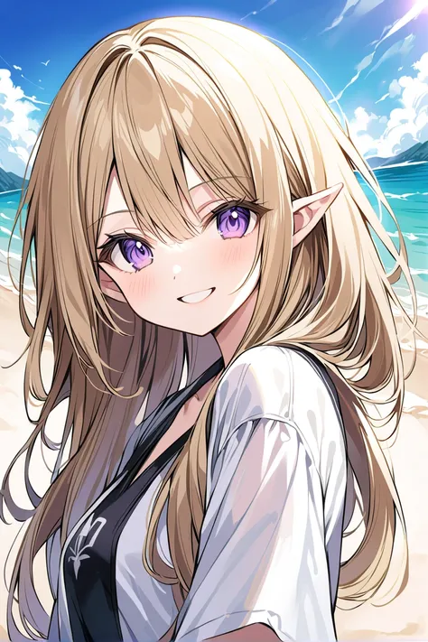 anime girl with long blonde hair and purple eyes on the beach