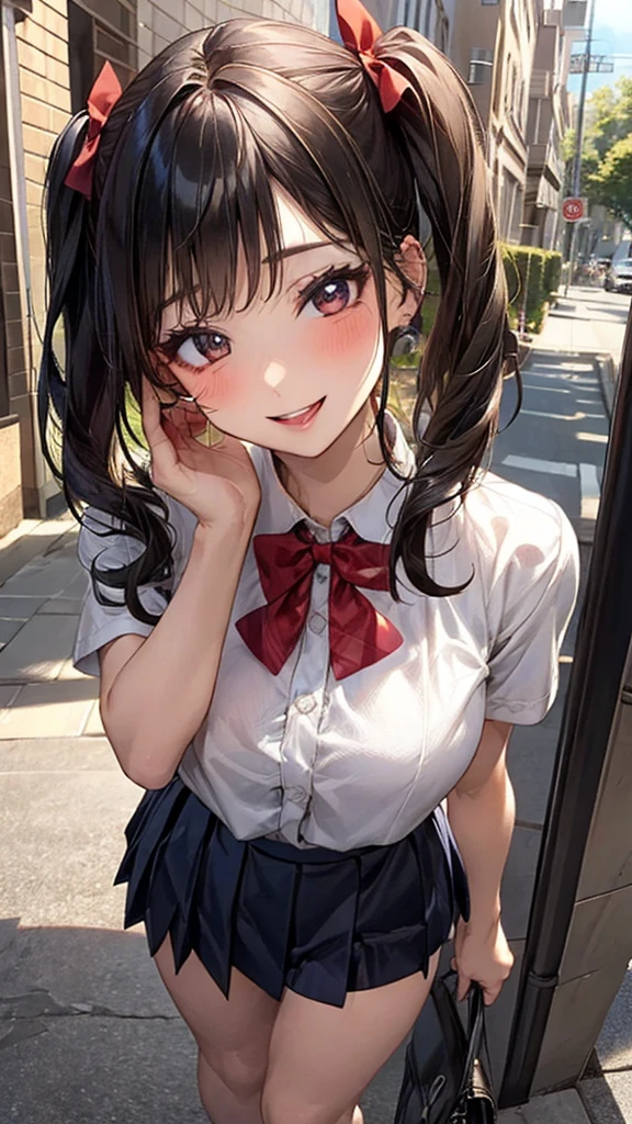 ((Highest quality, High resolution, masterpiece, detailed)),
Cowboy Shot, Written boundary depth, View your audience, Anatomically correct, 1people々, woman, Perfect Face, Cute and symmetrical face, Shiny skin,
(Medium Hair, Black Hair), Chestnut brown eyes, Long eyelashes, (Large Breasts:0.8),
Beautiful details, Beautiful Hair, Beautiful Face, Beautiful clavicle, Beautiful body, Beautiful breasts, Beautiful thighs, Beautiful feet,
(Collared shirt, Navy blue short pleated skirt, Red bow tie, necklace, panties),
(Beautiful views), evening, walk, Tree-lined street, (Wink),