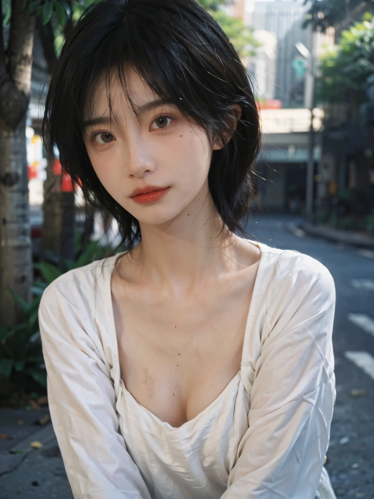 (Skin details:1.4), (smooth skin textures:1.3), Lipstick, background, earrings, Serene, calm, (Realistic and detailed eyes:1.2), (Large Breasts:1.3),Natural skin texture, Realistic facial details, Soft dramatic lighting, Vivid details, 35 mm film, outdoor, (Photo Practical:1.4), (hyper Practical:1.4), (Practical:1.3), (Smoother lighting:1.05), (Improve lighting quality:0.9), (Highest quality real skin textures:1.4), Exquisite eyes, Delicate face, Close-up of face, (Enhance the beauty of skin texture:1.1), Hair details, Model,normal body ratio, short hair, Moles under the eyes, Park background,Portrait Photography, Depth of Field, bokeh, Surrealism, Ray Tracing, (Portrait Photography:1.1), Surrealism, High Detail, clair obscur, Ray Tracing, reflected light, ultra HD, ultra HD, masterpiece, Textured Skin, Super Detail, High Detail, high quality, best quality